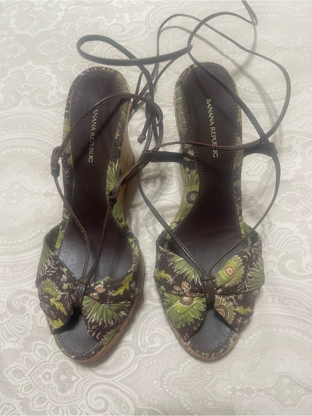 Banana Republic Brown and Green Floral Lace-Up Wedge Sandals